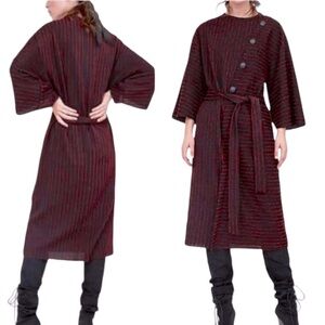 Zara Black & Red Striped Textured Tie Waist Wrap Front Kimono Midi Dress - M